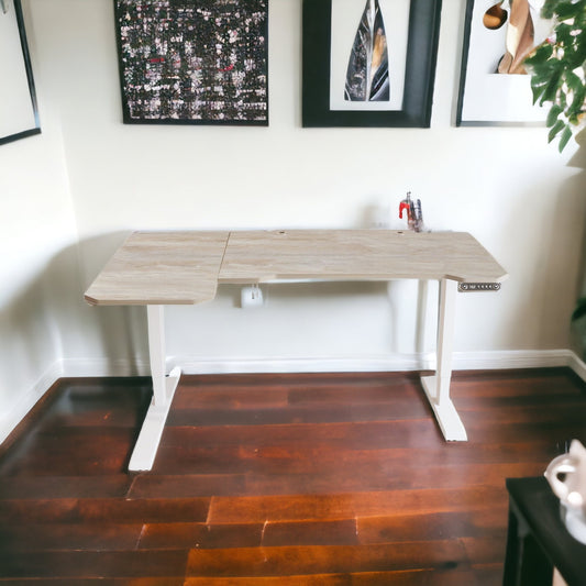 59" Adjustable Light Khaki And White L Shape Standing Desk