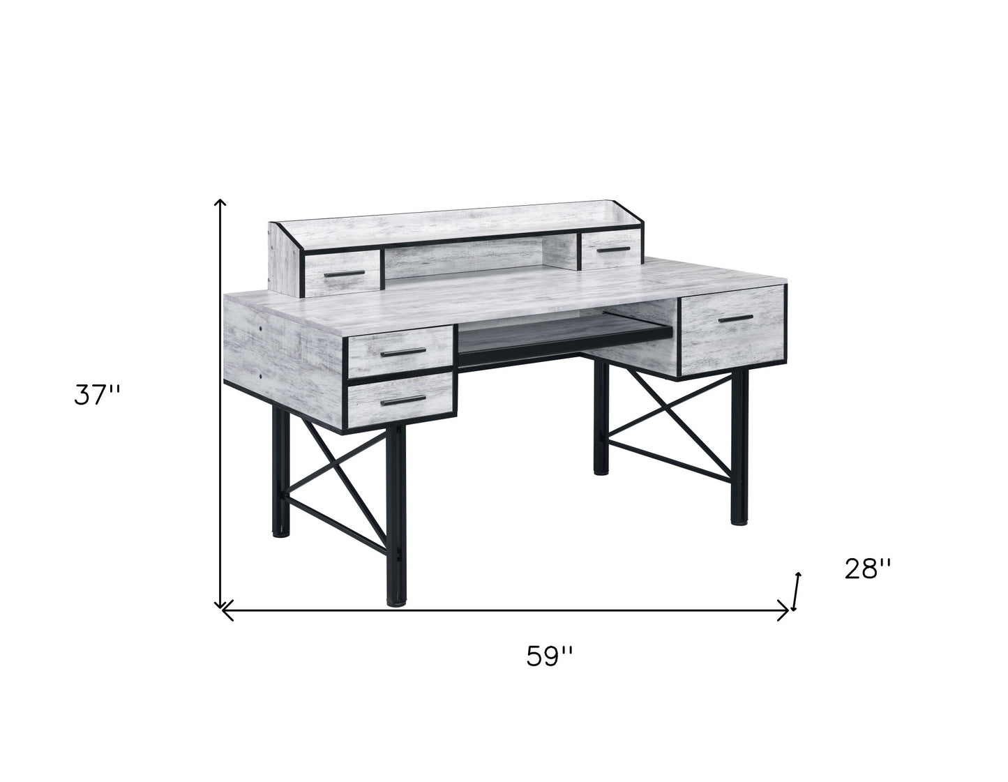 59" Antiqued White and Black Computer Desk With Five Drawers