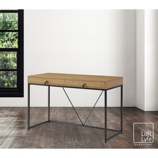 47" Natural and Black Writing Desk With Two Drawers