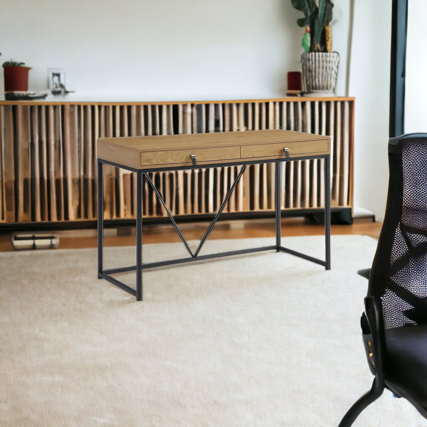 47" Natural and Black Writing Desk With Two Drawers