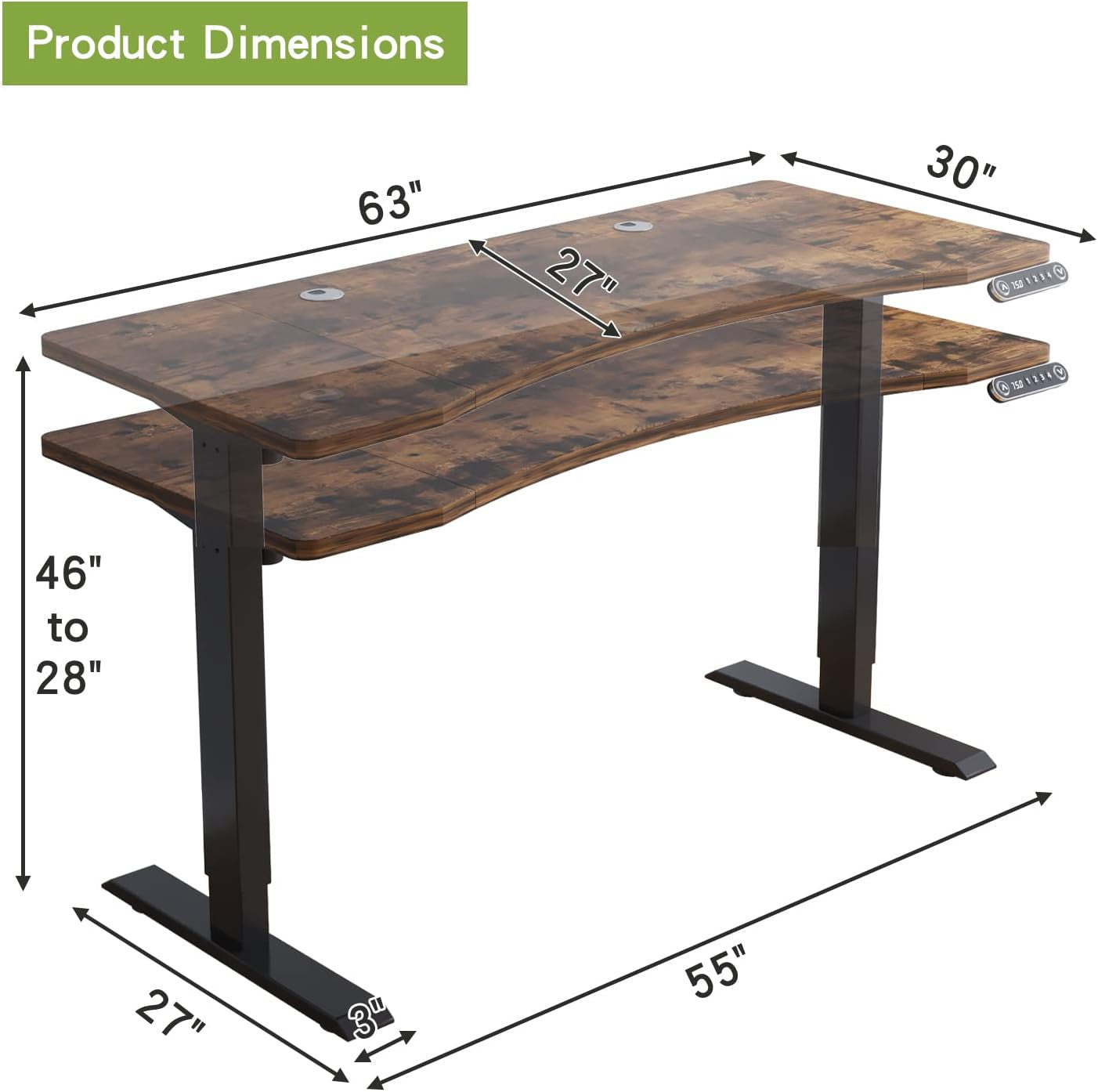 63" Adjustable Wood Brown And Black Unique Standing Desk