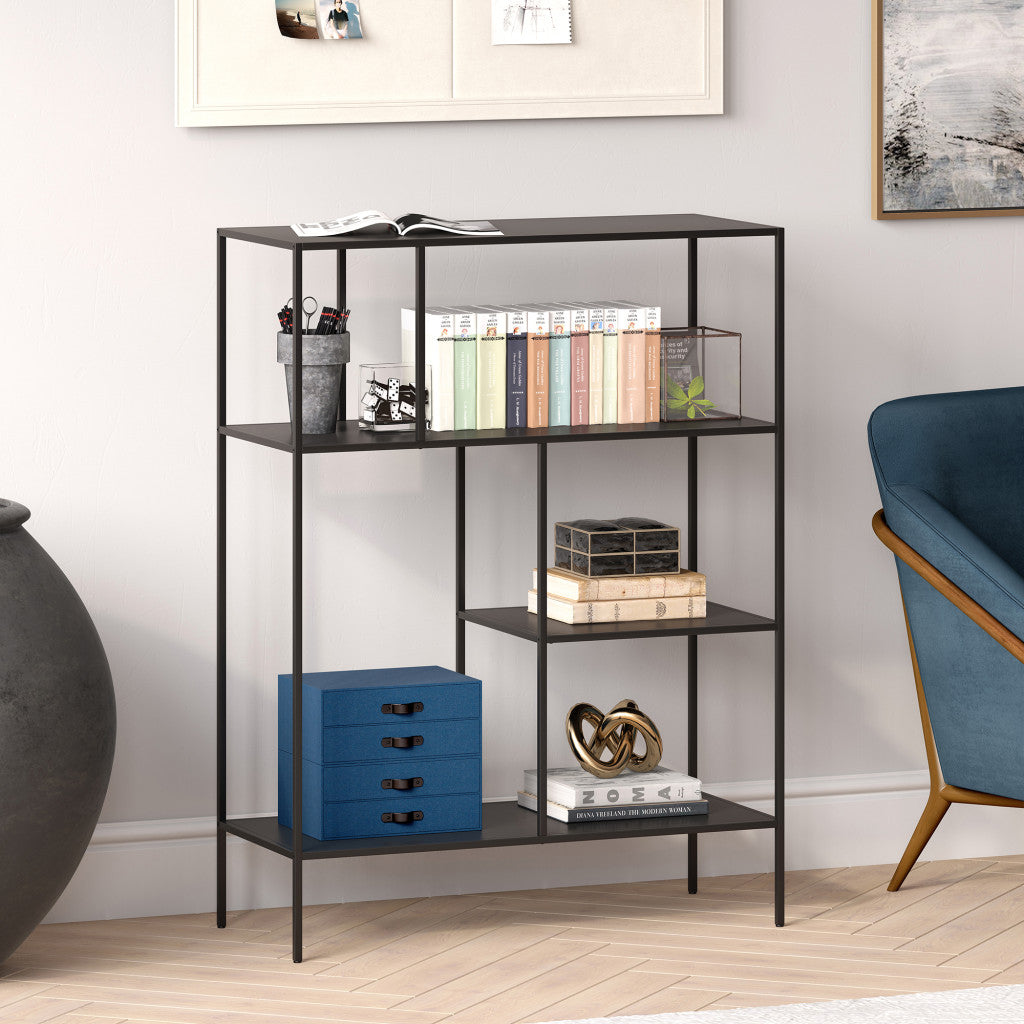 48" Black Metal Four Tier Geometric Bookcase