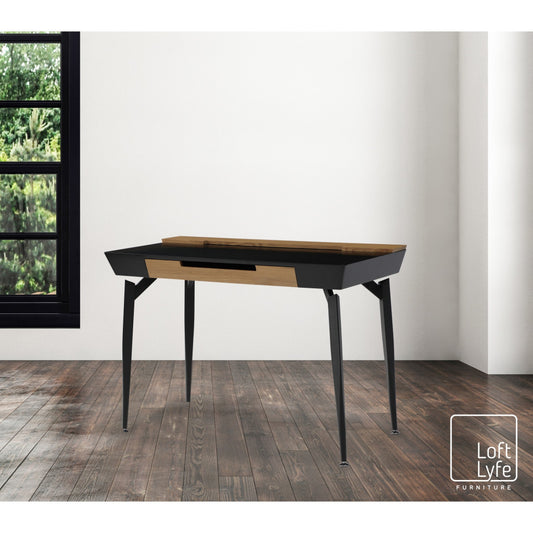 44" Black and Natural Writing Desk With Three Drawers