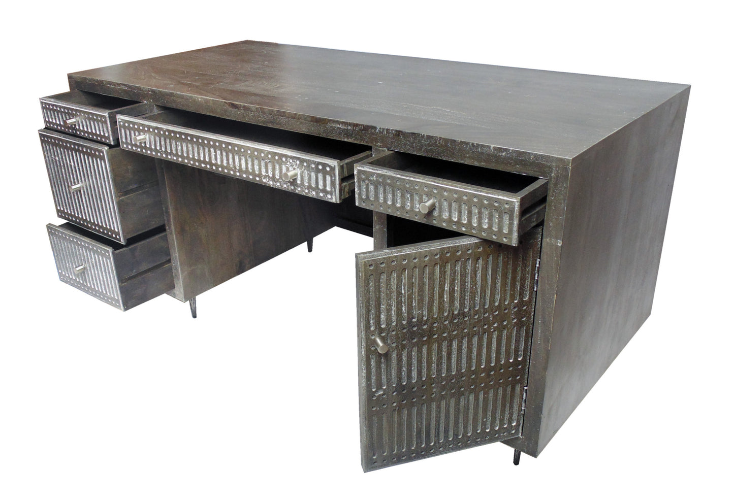 64" Brown And Silver Mango Solid Wood Executive Desk With Five Drawers