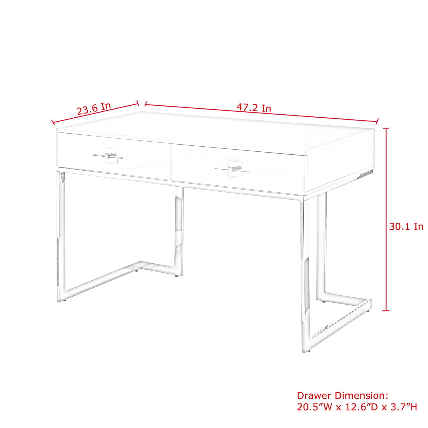 47" White and Silver Metallic Writing Desk With Two Drawers