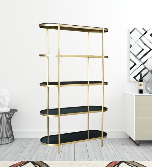 75" Black and Gold Iron and Glass Four Tier Etagere Bookcase