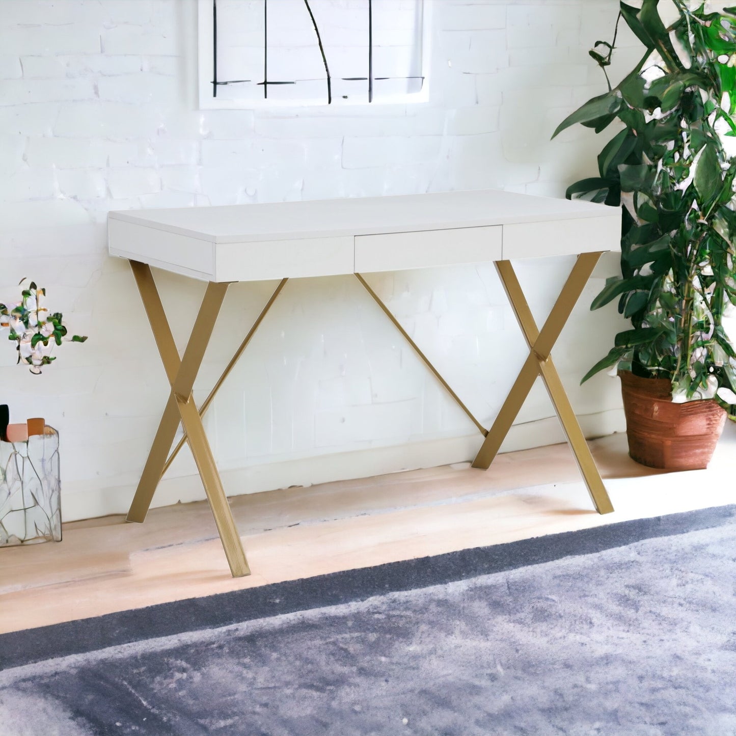 43" White and Gold Writing Desk