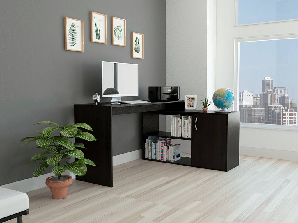 Sleek Black Wengue L Shape Office Desk