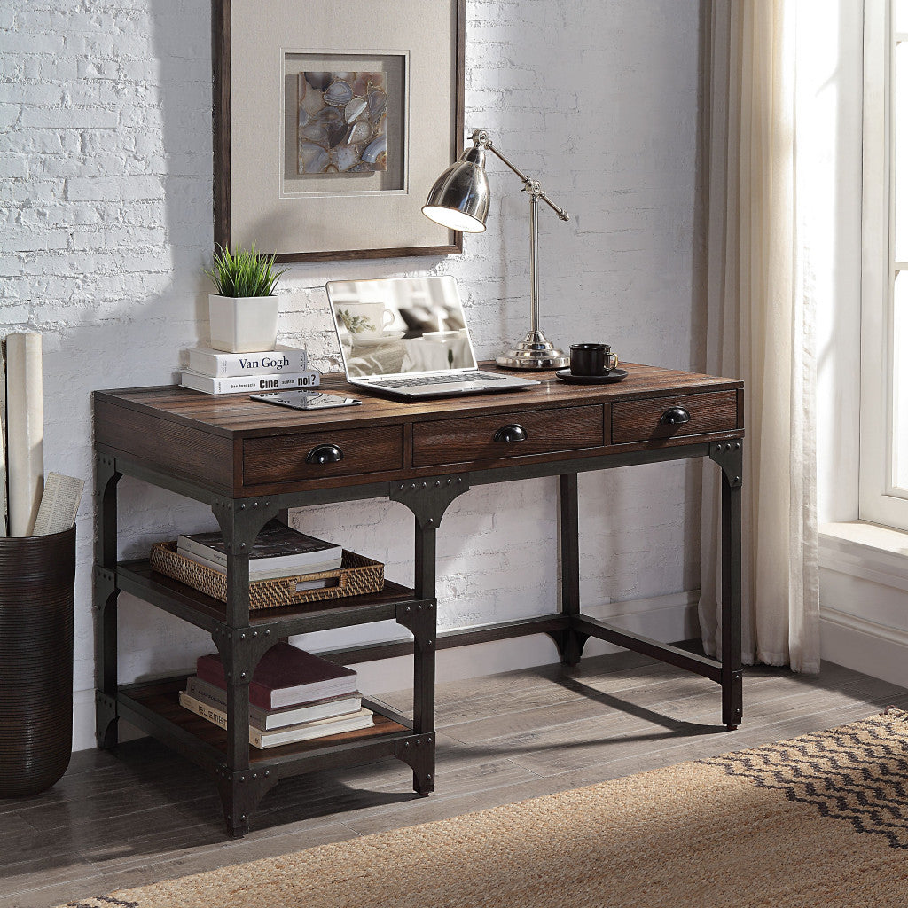 47" Espresso and Gray Writing Desk With Three Drawers