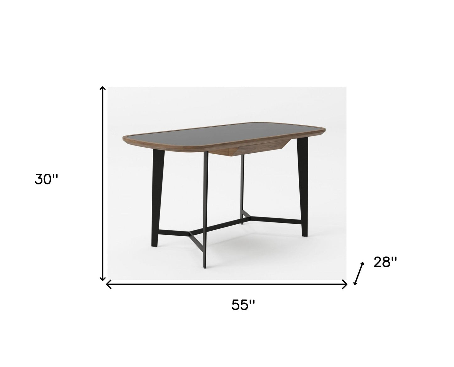 55" Walnut And Black Glass Rectangular Writing Desk