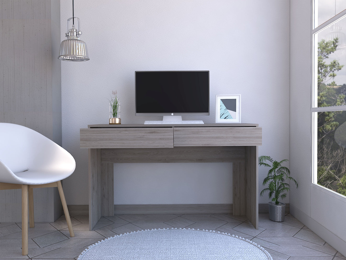 47" Light Gray and Brown Computer Desk With Two Drawers