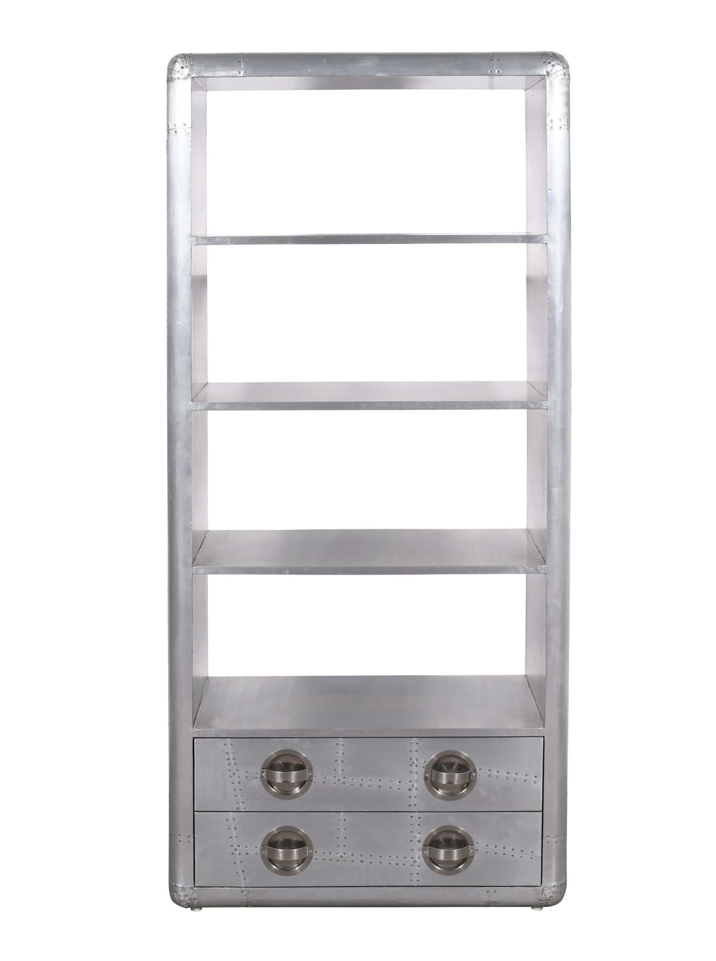 71" Silver Aluminum and Metal Four Tier Bookcase with Two Drawers