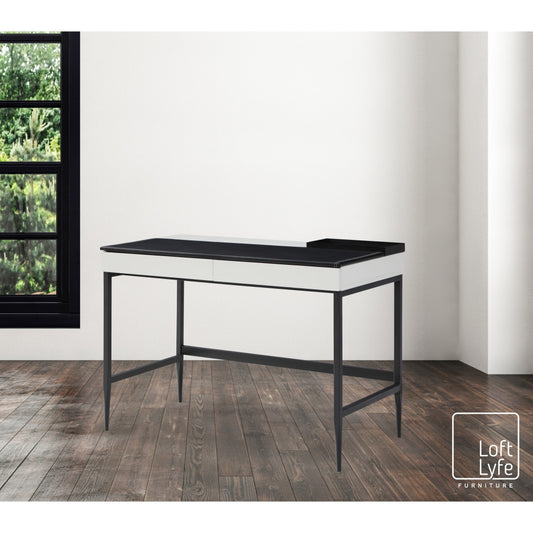 43" Black and White L Shape Writing Desk With Two Drawers