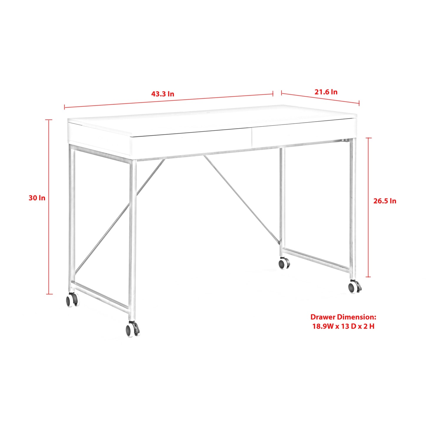 43" White and Navy Blue Writing Desk With Two Drawers