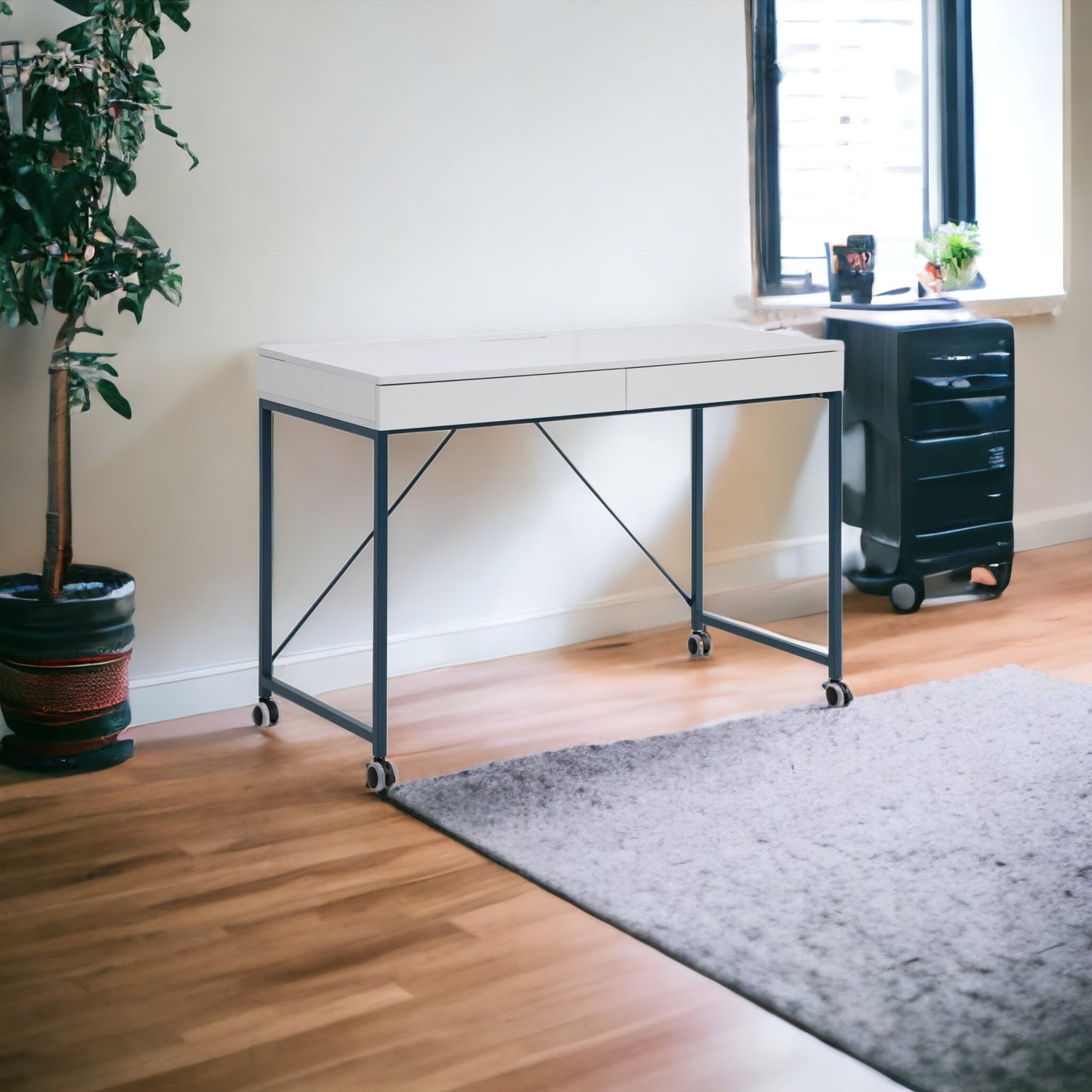 43" White and Navy Blue Writing Desk With Two Drawers