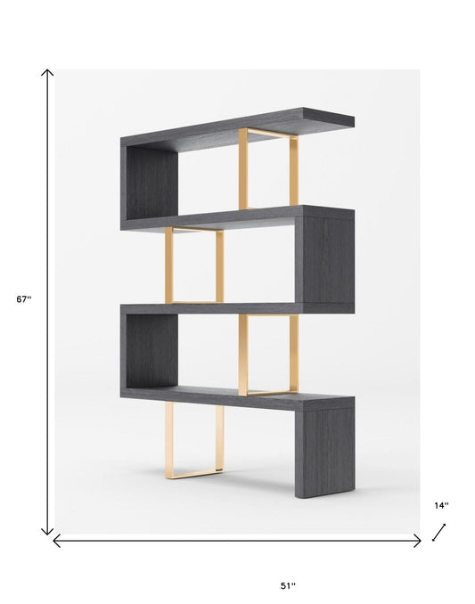 67" Grey Elm and Gold Four Tier Zig Zag Bookcase