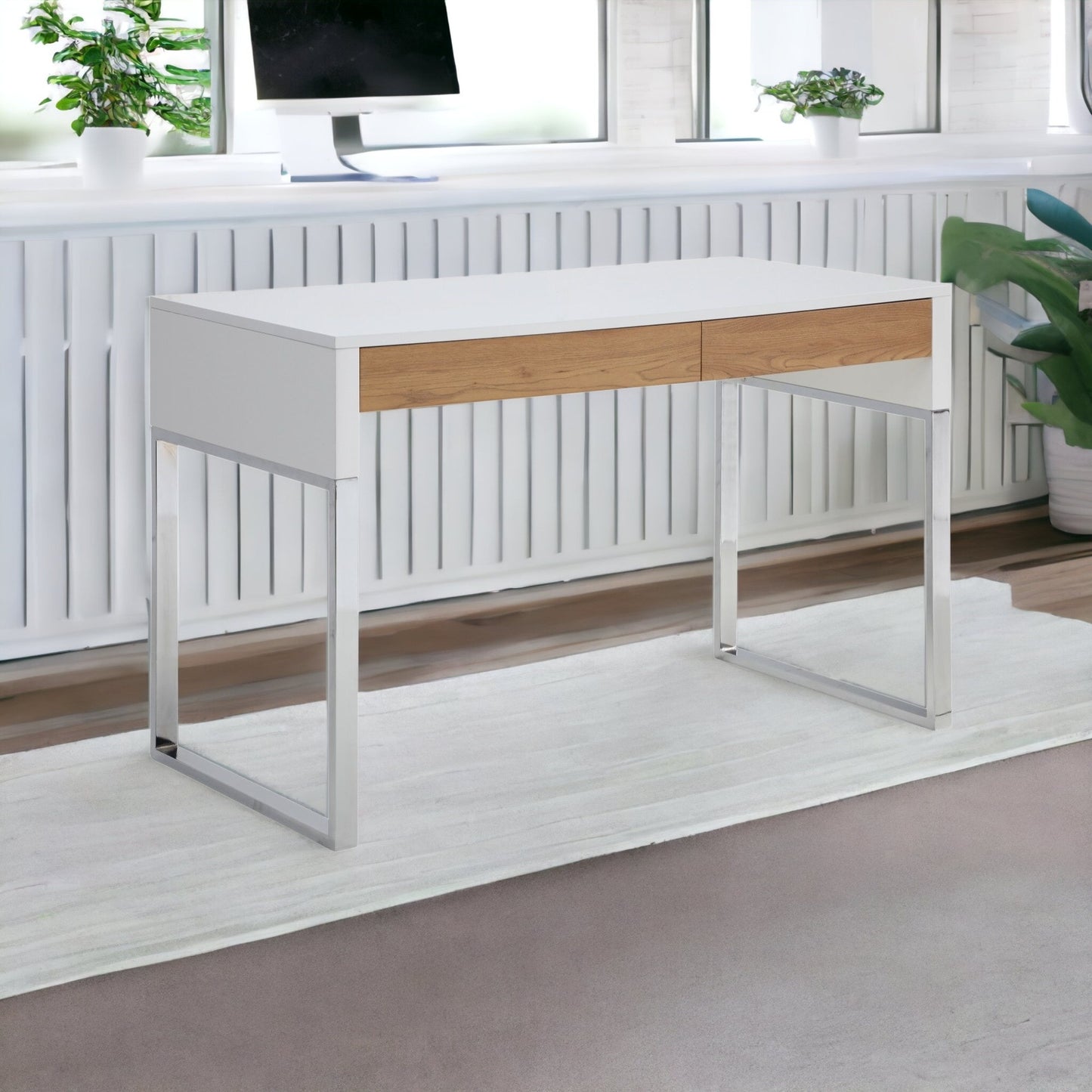 47" White and Silver Writing Desk With Two Drawers