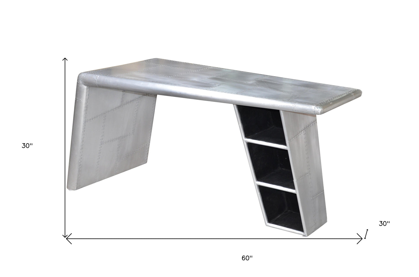 60" Silver Aluminum Writing Desk With Five Drawers