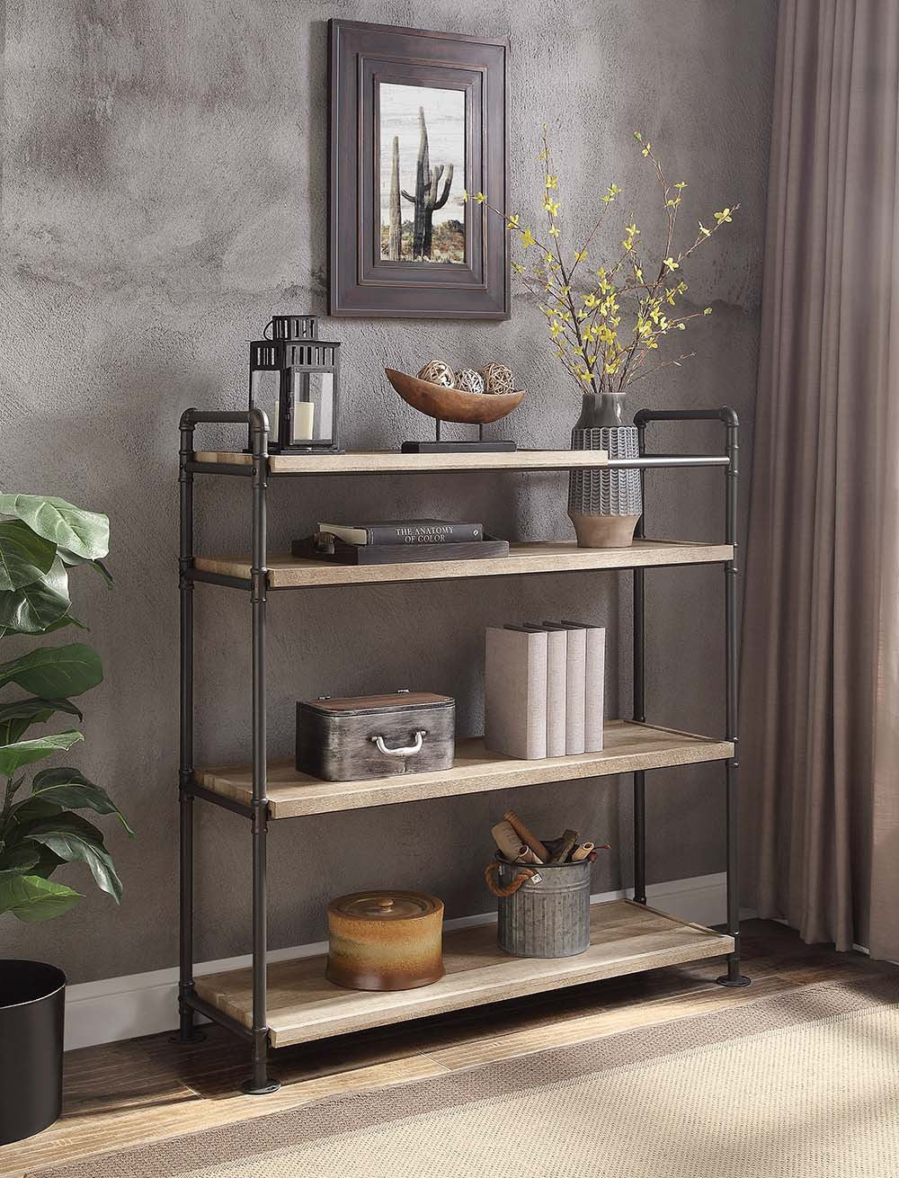 49" Brown and Black Metal Four Tier Etagere Bookcase