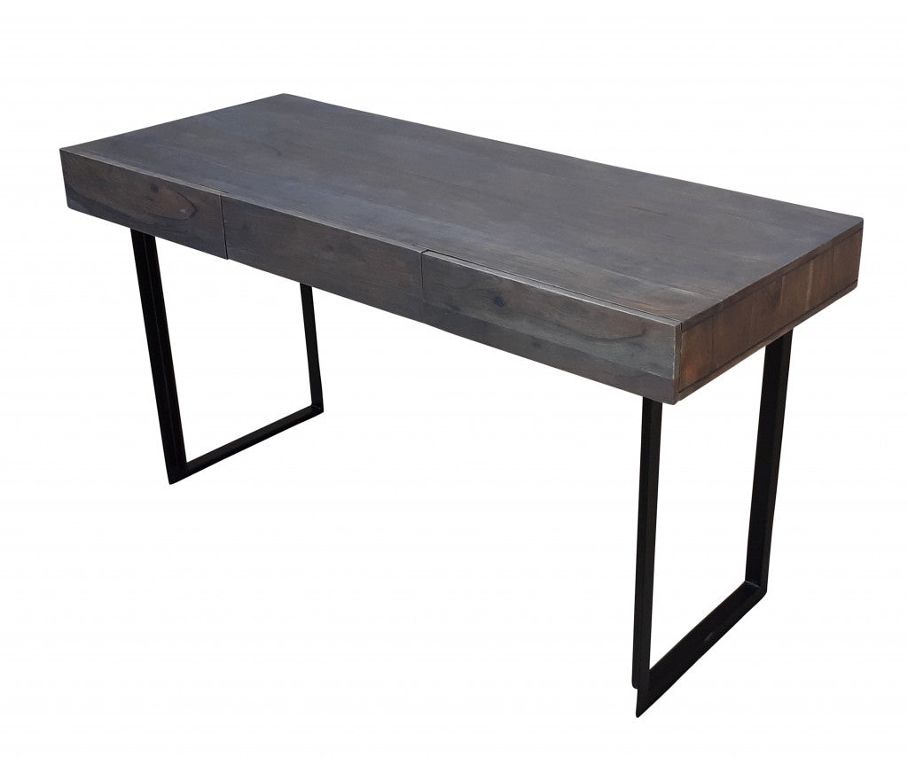 58" Gray And Black Mango Solid Wood Writing Desk With Three Drawers