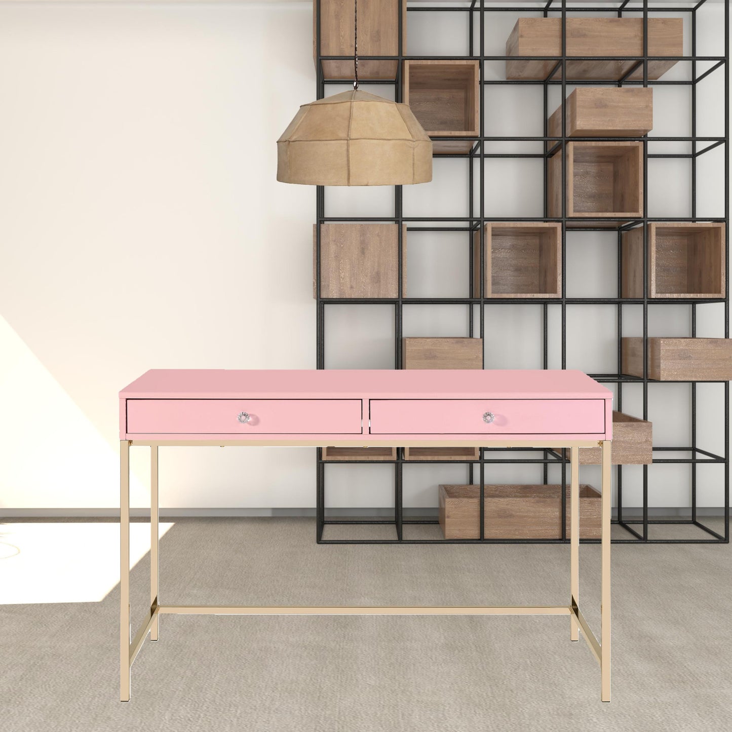 47" Pink and Gold Writing Desk With Two Drawers