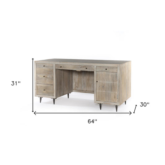 64" Ivory And Silver Mango Solid Wood Executive Desk With Five Drawers