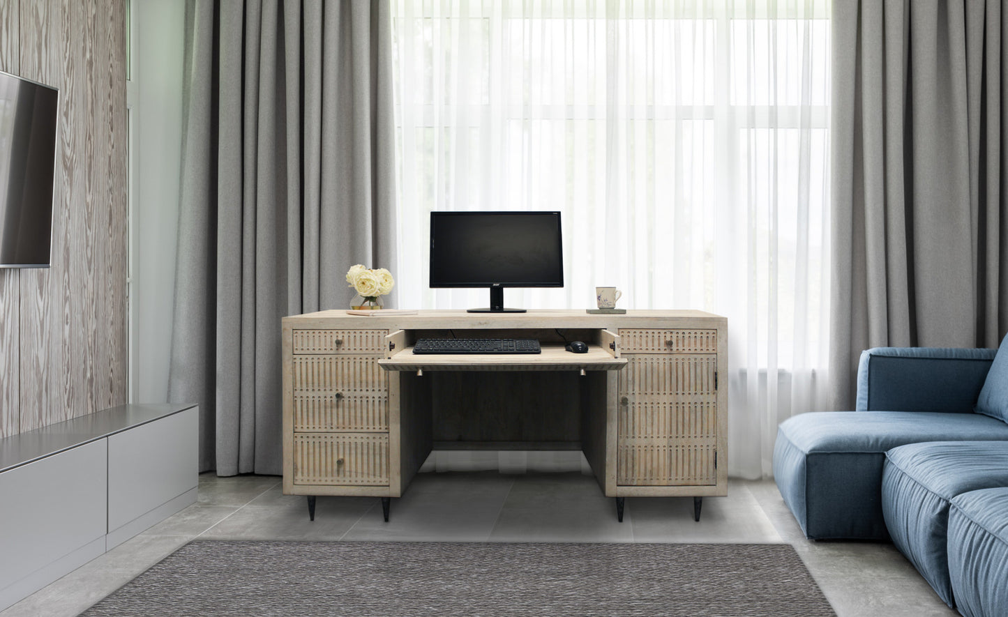 64" Ivory And Silver Mango Solid Wood Executive Desk With Five Drawers