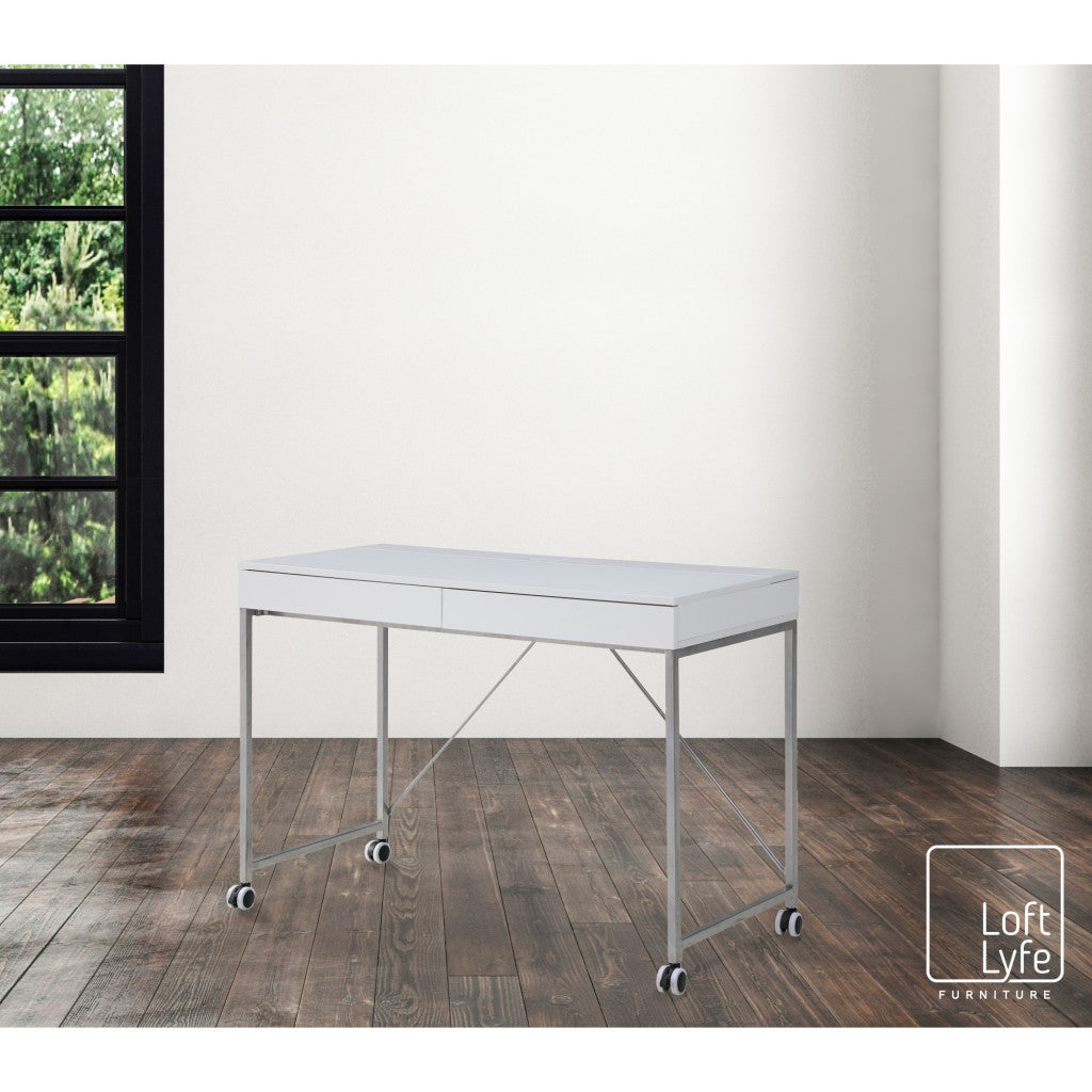 43" White and Silver Writing Desk With Two Drawers