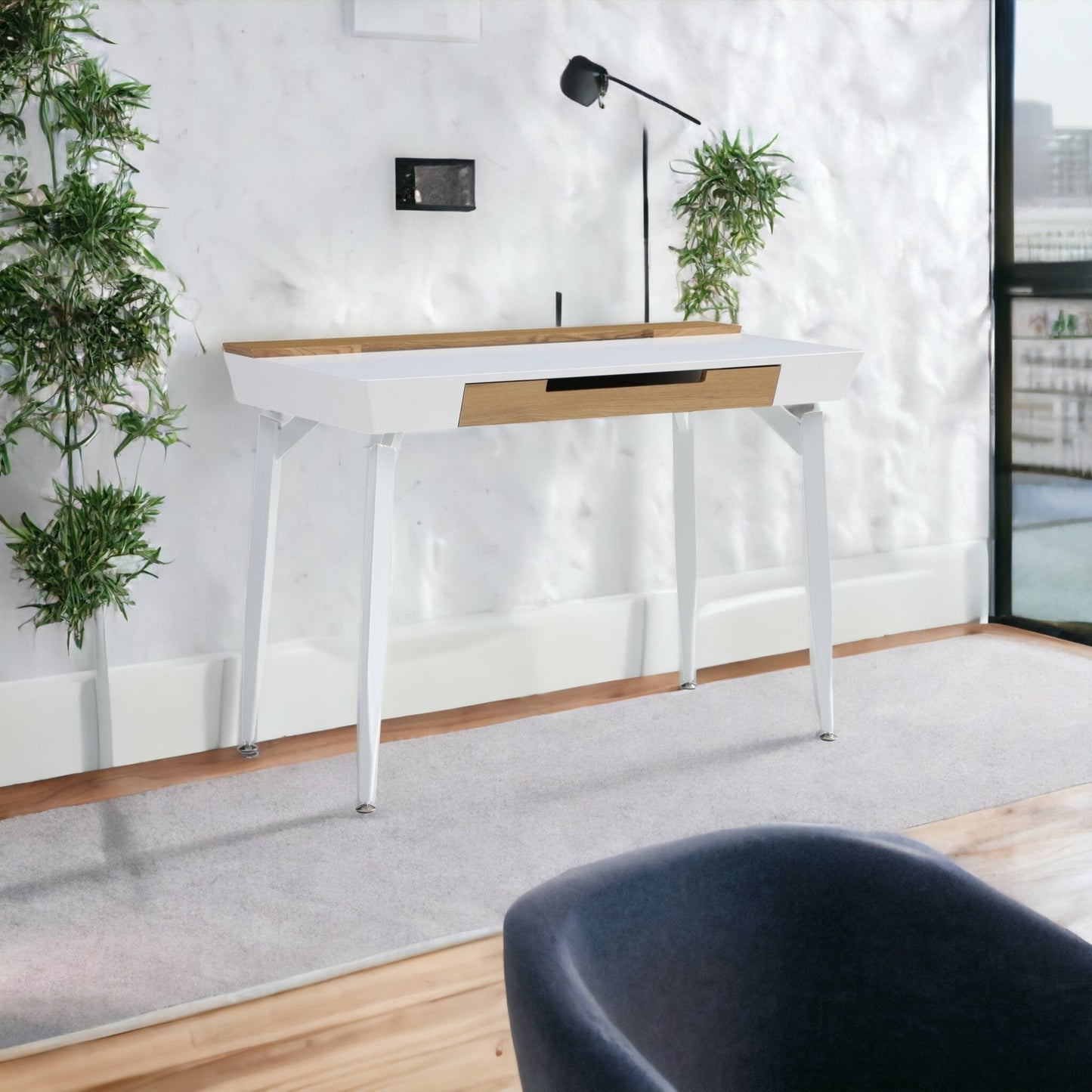 44" White and Natural Writing Desk With Three Drawers