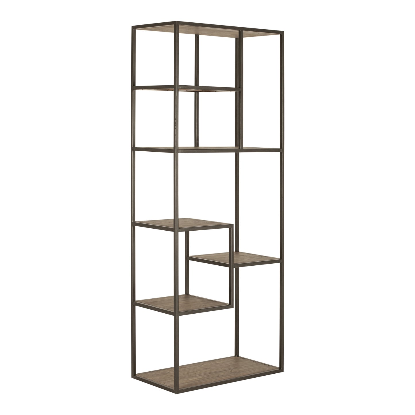 79" Reclaimed Wood and Metal Seven Tier Asymmetrical Bookcase