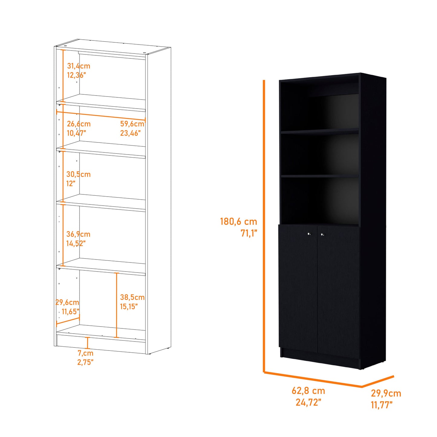 71" Black Five Tier Bookcase with Two doors