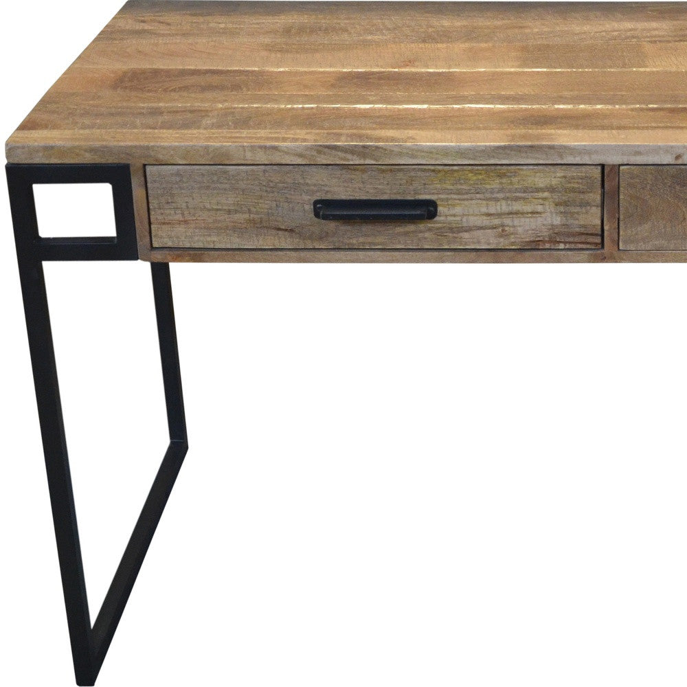 60" Natural And Black Mango Solid Wood Writing Desk With Two Drawers