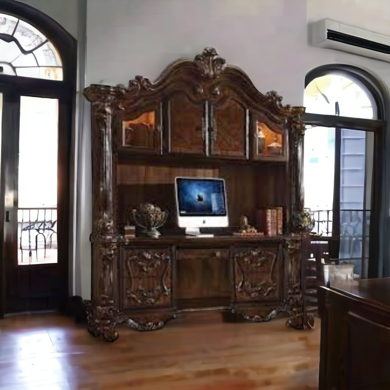 76" Dark Brown Wood Unique Credenza Desk With Four Cabinets Three Drawers