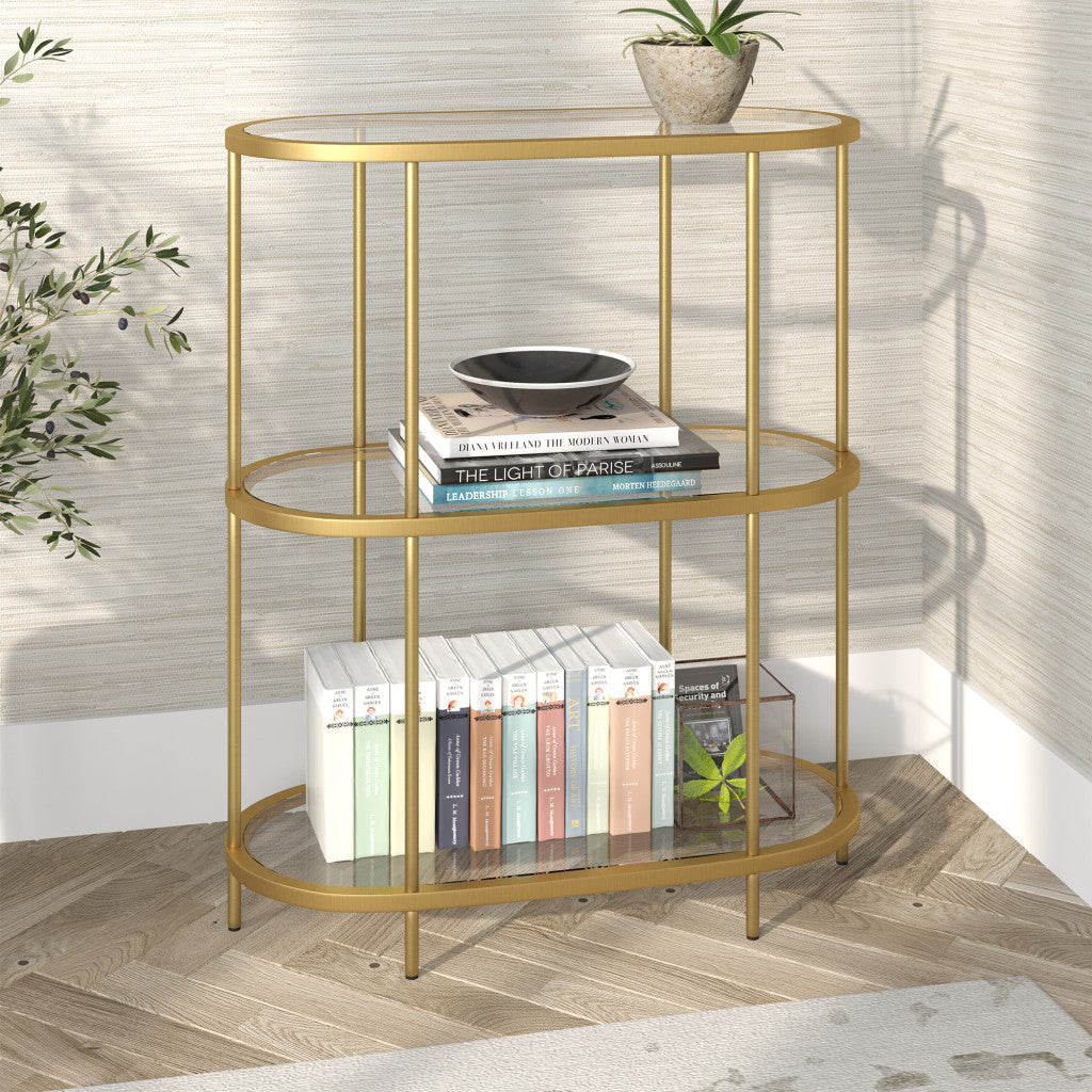 36" Gold Metal And Glass Three Tier Etagere Bookcase