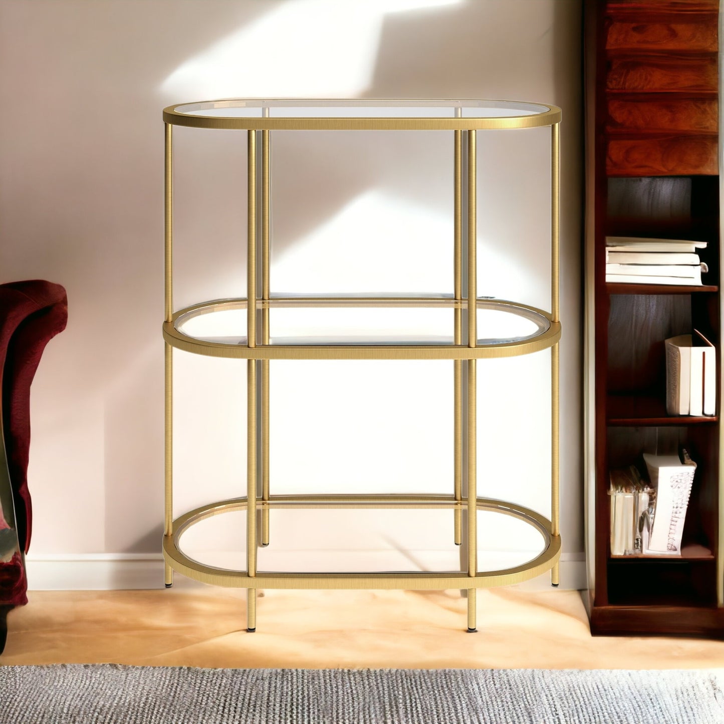 36" Gold Metal And Glass Three Tier Etagere Bookcase