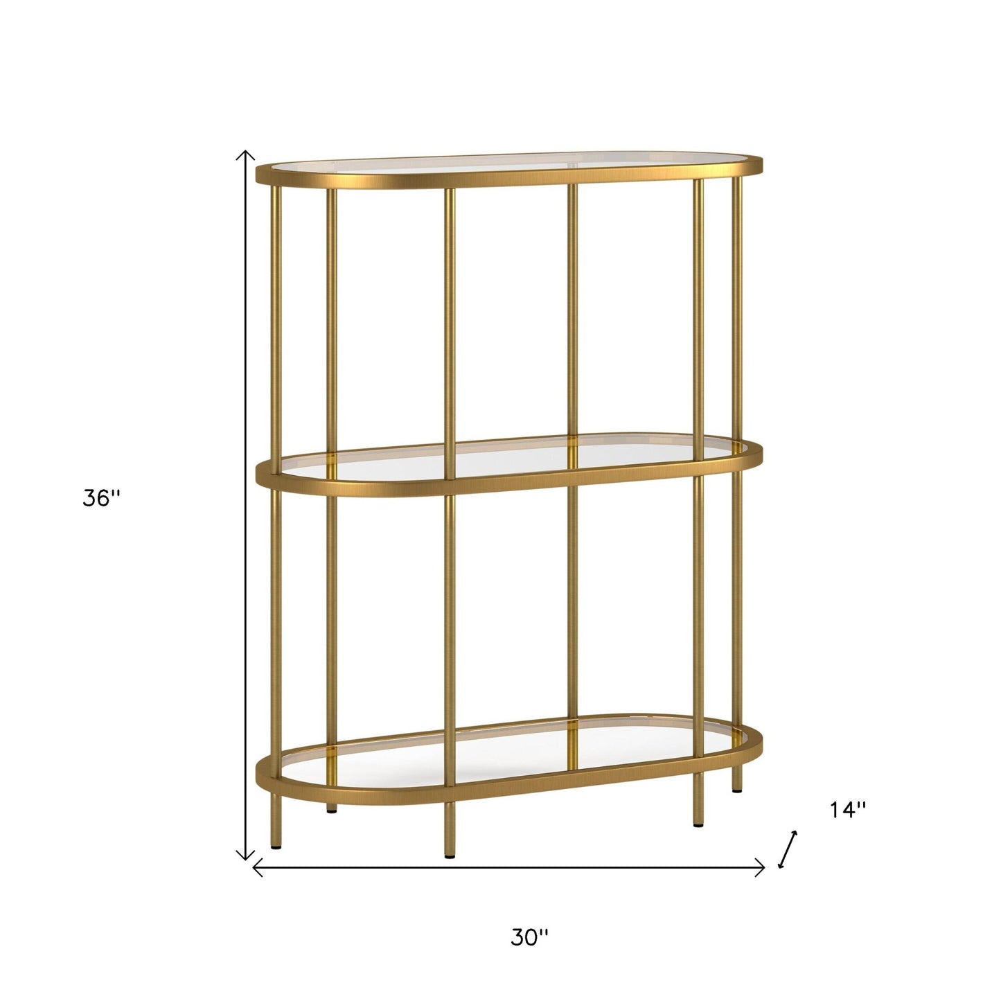 36" Gold Metal And Glass Three Tier Etagere Bookcase