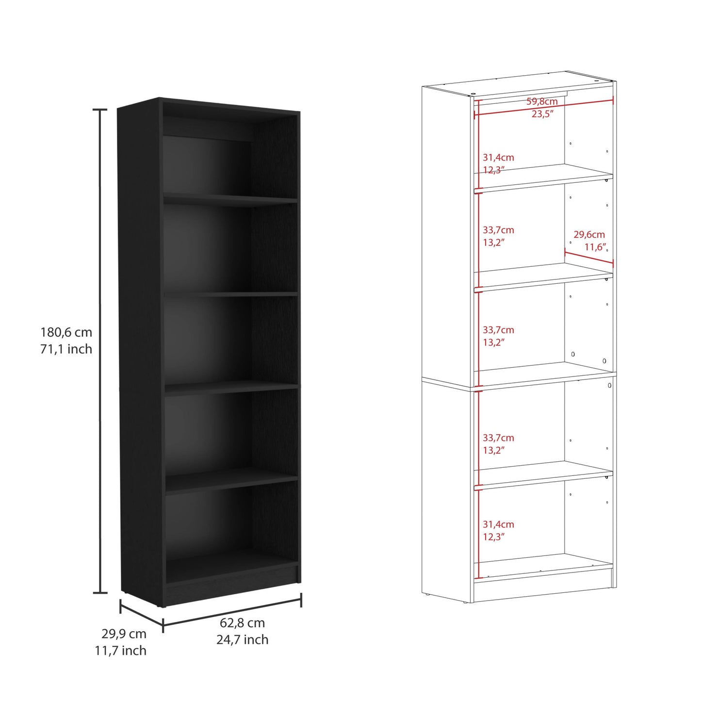 71" Black Five Tier Bookcase