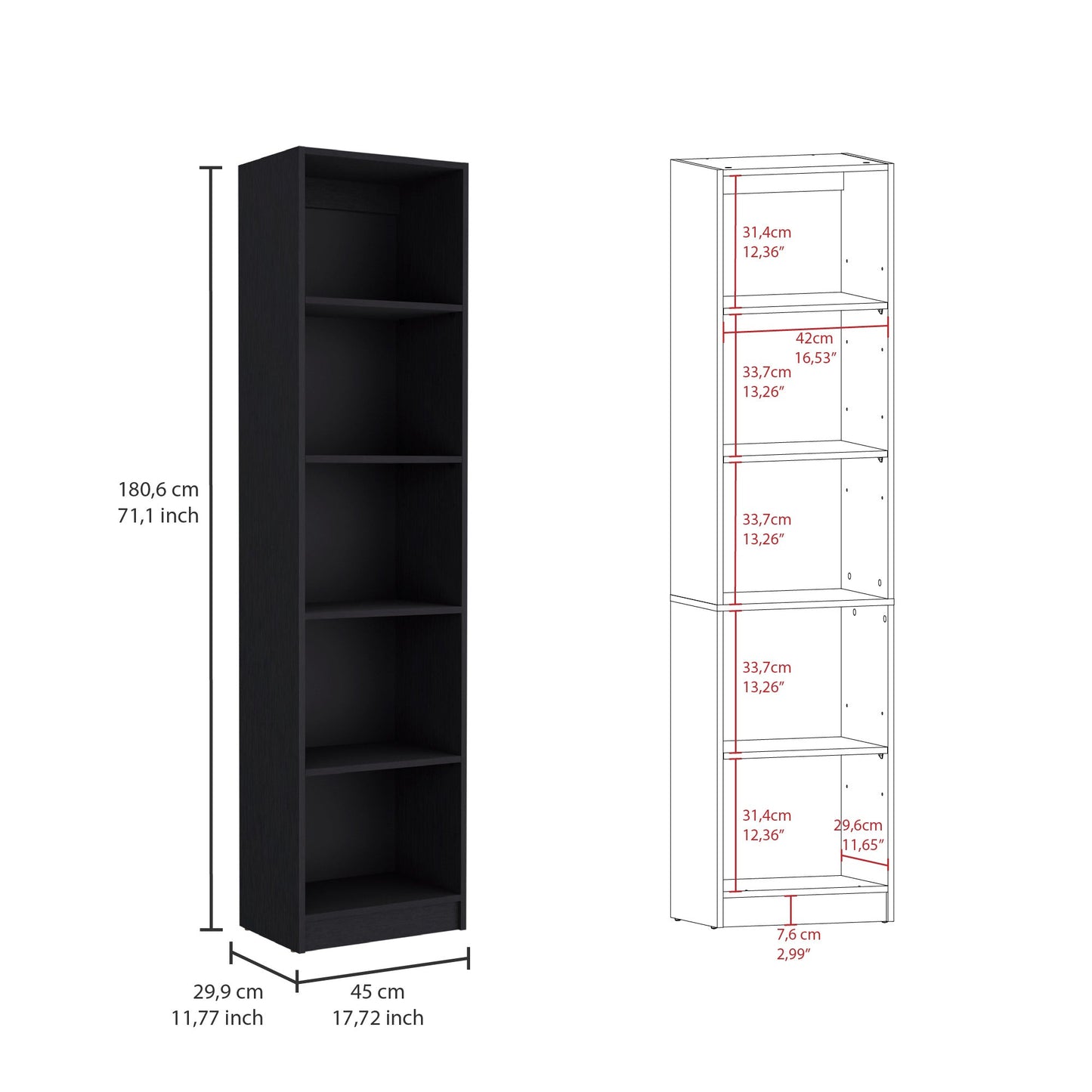 71" Black Four Tier Bookcase with Two doors