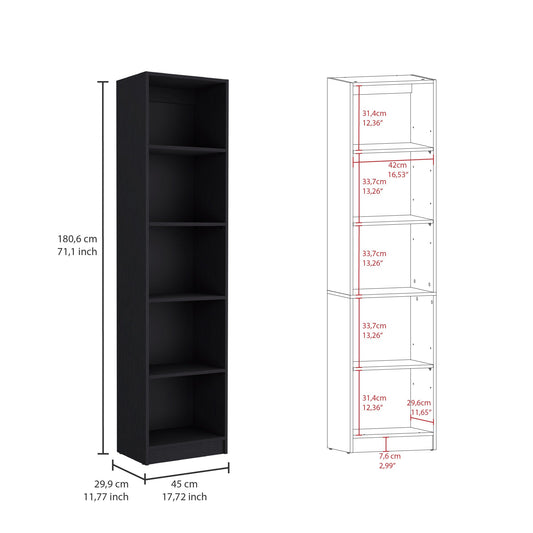 71" Black Five Tier Bookcase with Four doors