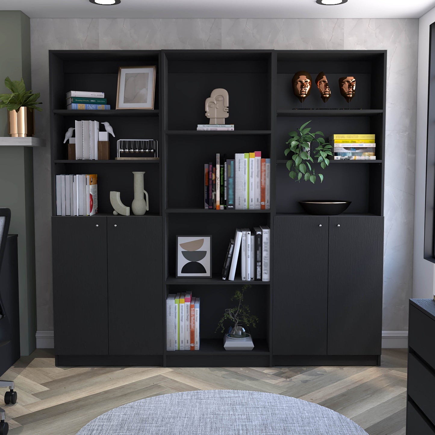 71" Black Five Tier Bookcase with Four doors