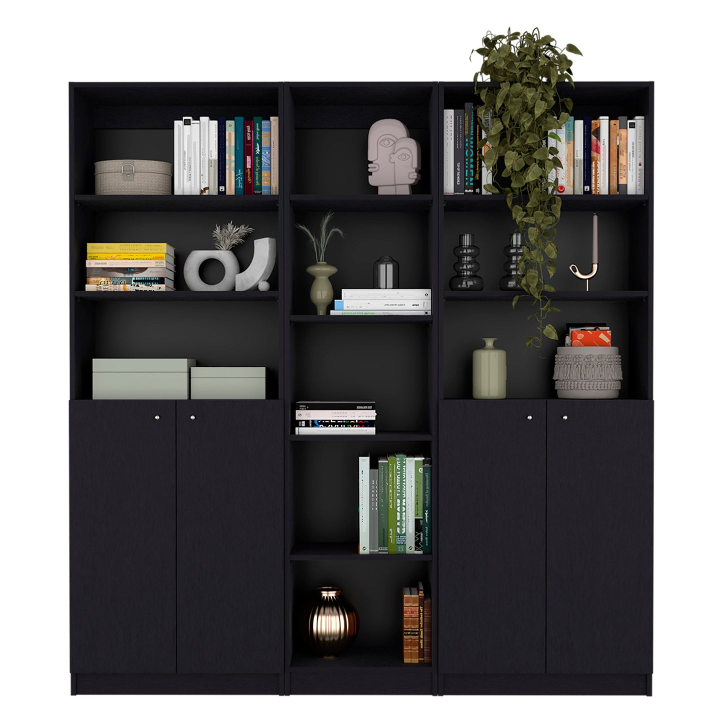 71" Black Five Tier Bookcase with Four doors