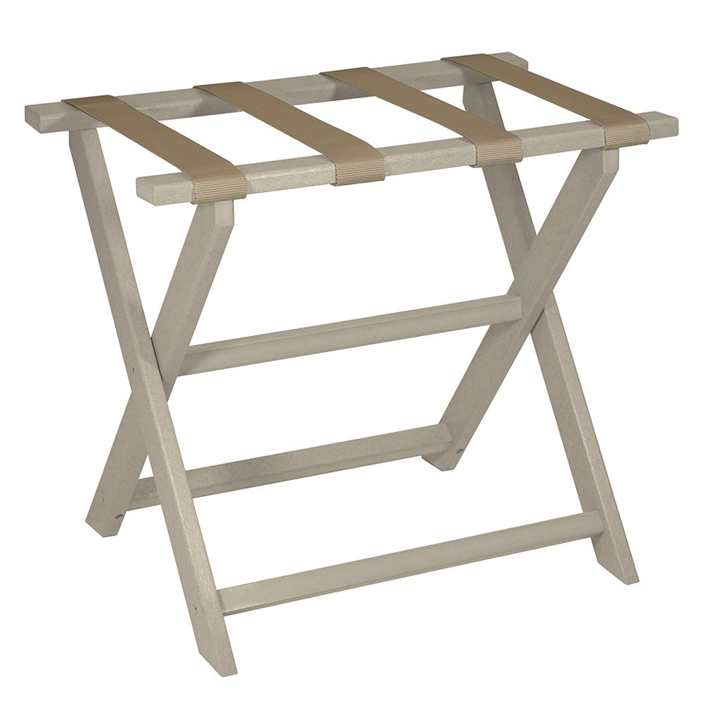 Earth Friendly Taupe Folding Luggage Rack With Dark Tan Straps