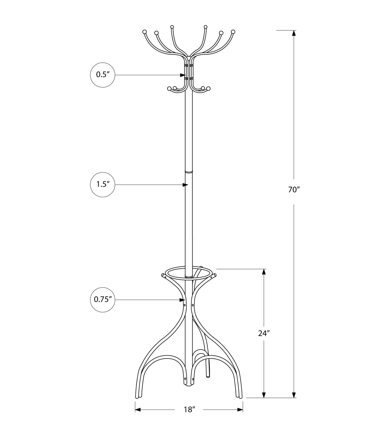 18" X 18" X 70" Black  Metal  Coat Rack