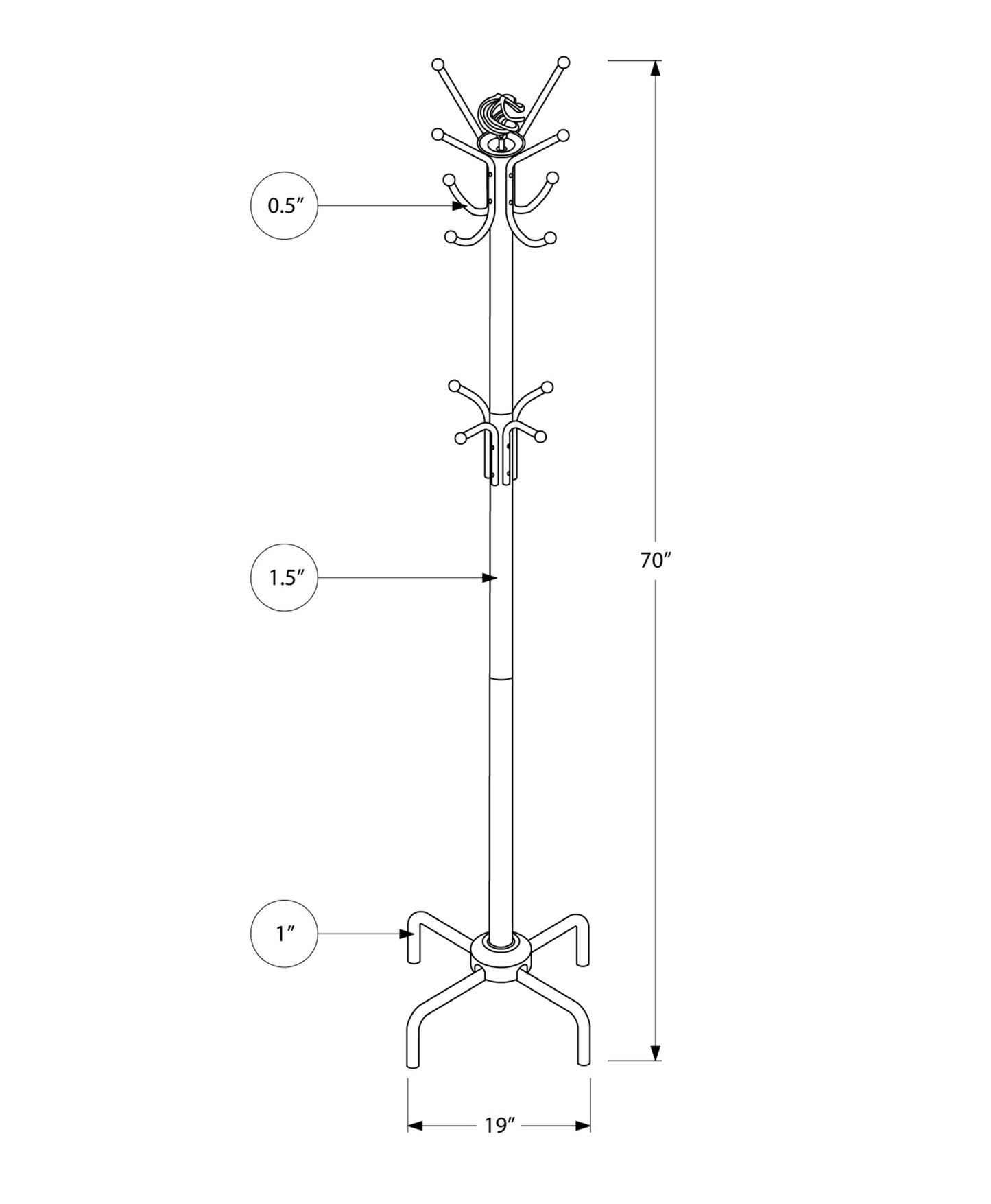 19" X 19" X 70" Black  Metal  Coat Rack