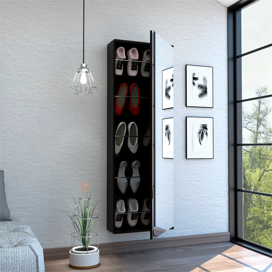 Stylish Black Wengue  Wall Mounted Shoe Rack with Mirror