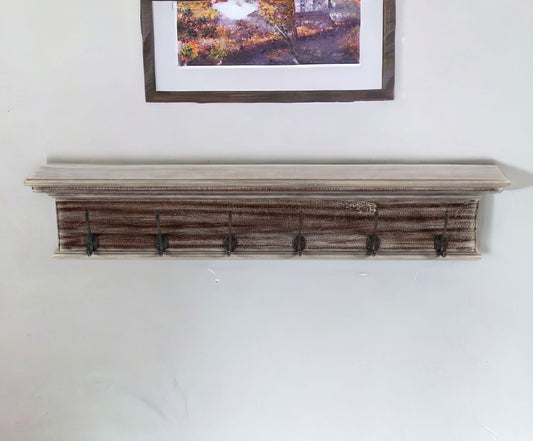 Rustic Natural Brown Gray Wash Wood Six Hook Hanging Coat Rack