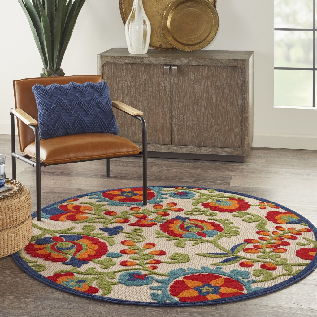 4' Round Green And Ivory Round Floral Indoor Outdoor Area Rug