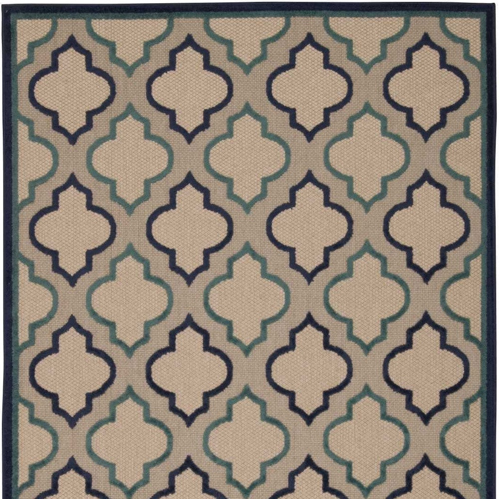 8' X 11' Blue And Ivory Geometric Indoor Outdoor Area Rug