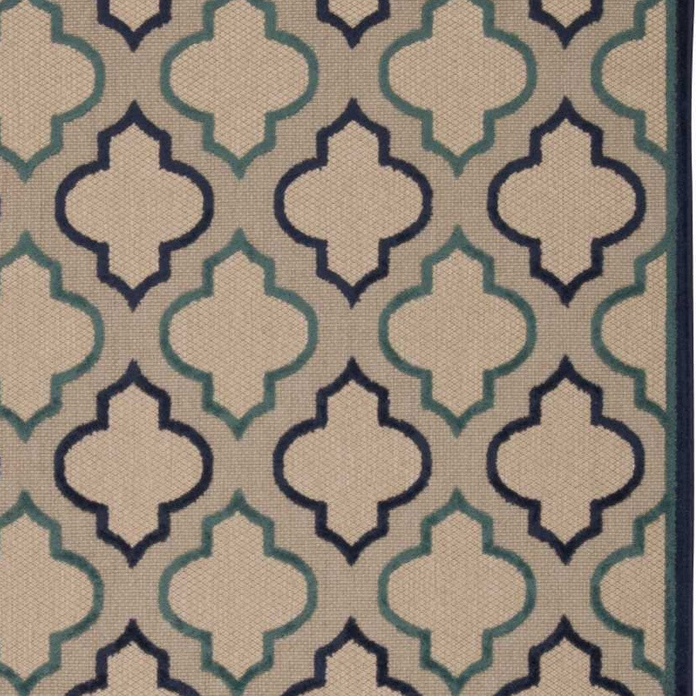 8' X 11' Blue And Ivory Geometric Indoor Outdoor Area Rug