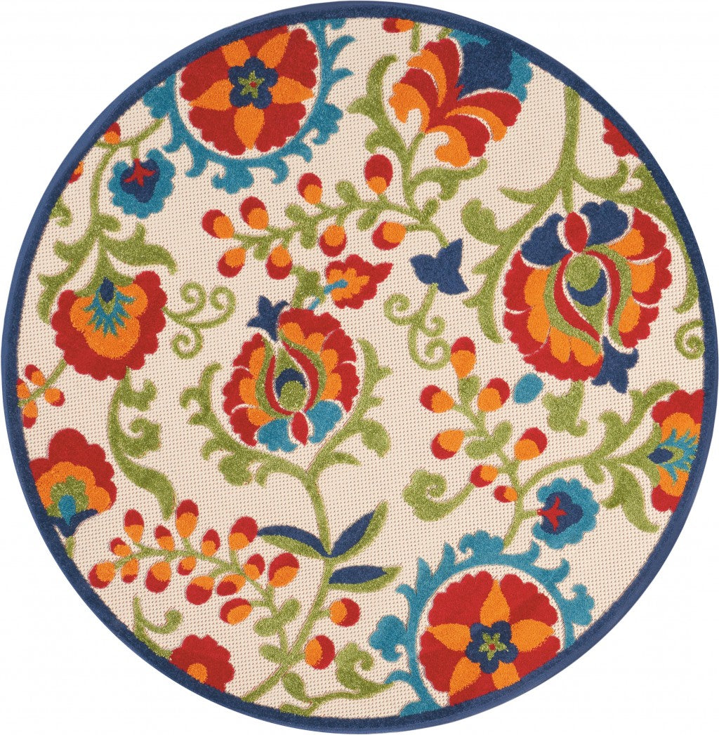 5' Round Green And Ivory Round Floral Indoor Outdoor Area Rug